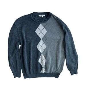 Geoffrey Beene Men’s 2X Argyle Knit Sweater Gray Blue Retro Dadcore Y2K Academi